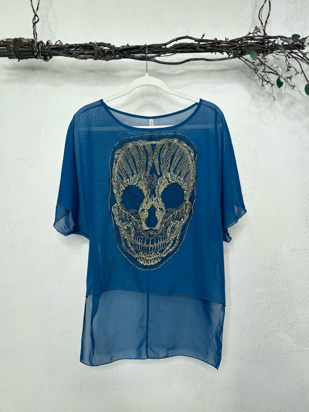 Auditions Sheer Teal Blue Short-Sleeve Top with Gold Skull